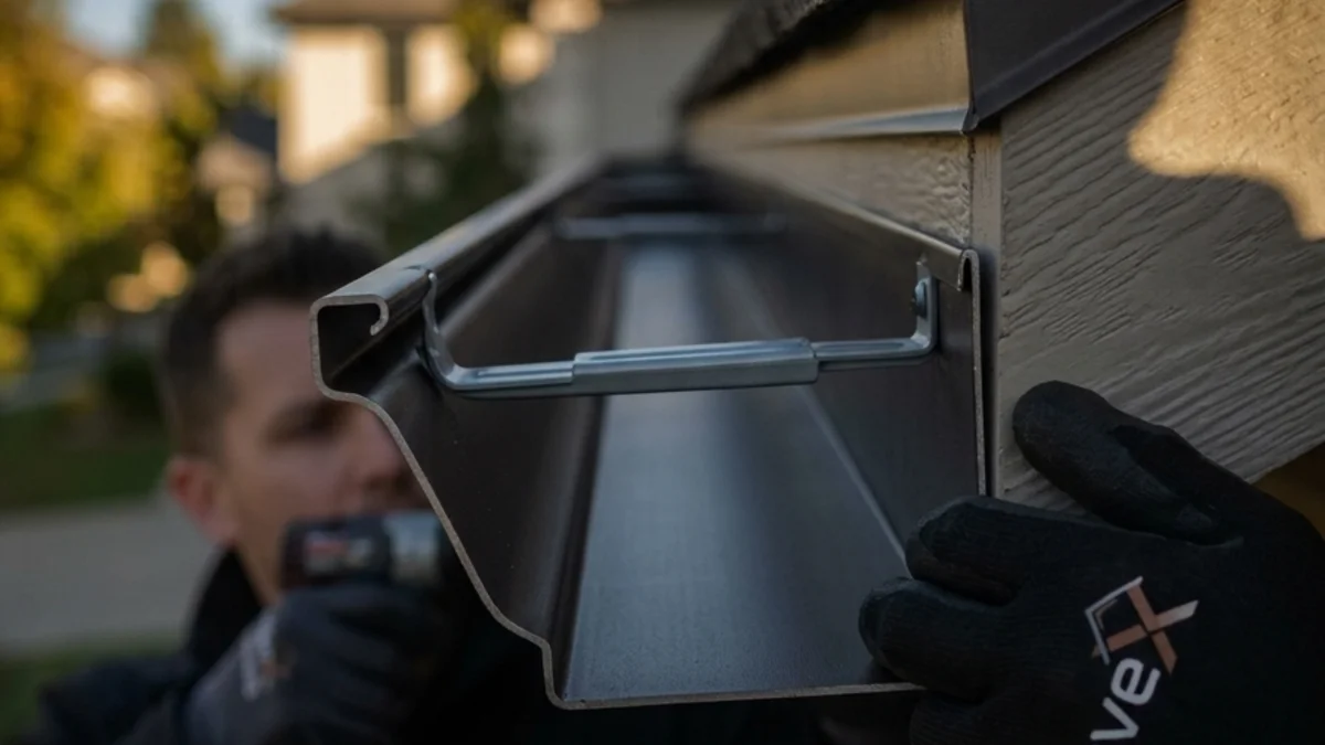 Crew installing seamless aluminum gutters on a Minneapolis home