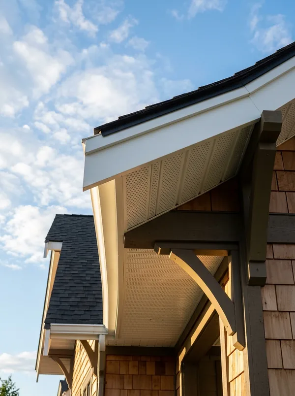 White aluminum fascia and soffit panels installed on a Minnesota home