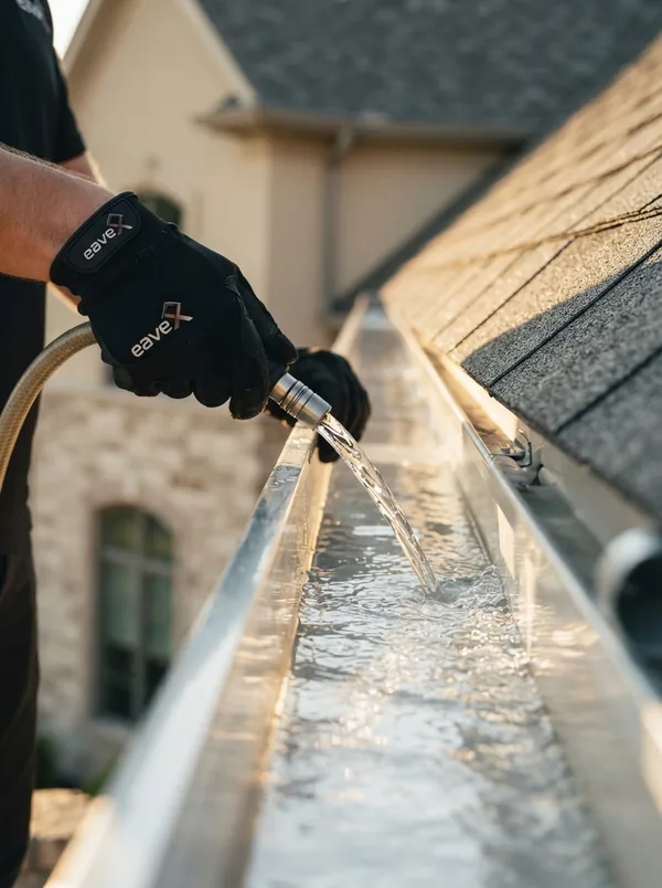 Technician cleaning and rinsing gutters on a St. Paul home