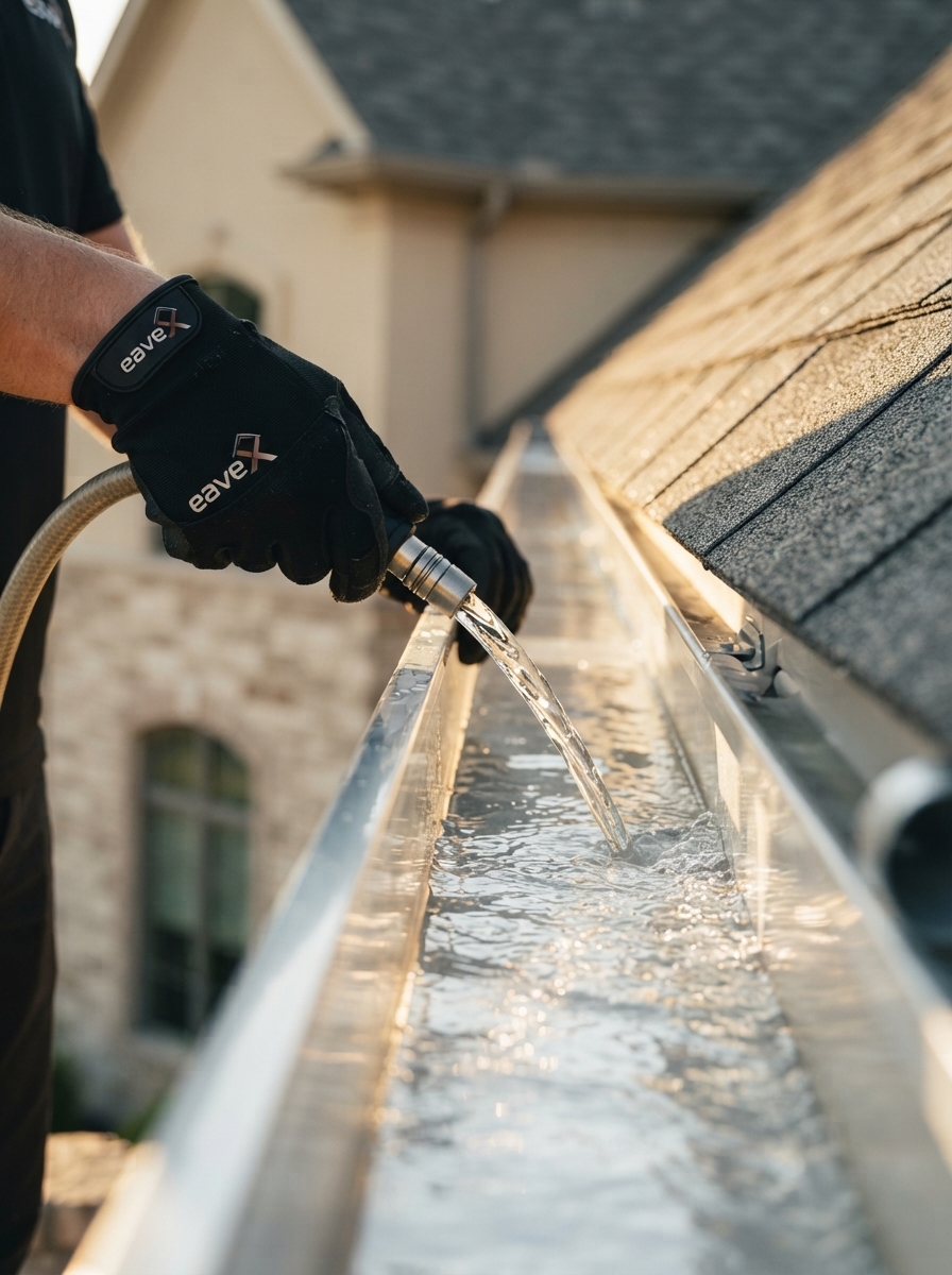 EAVEX technician cleaning and inspecting gutters on a Minnesota home