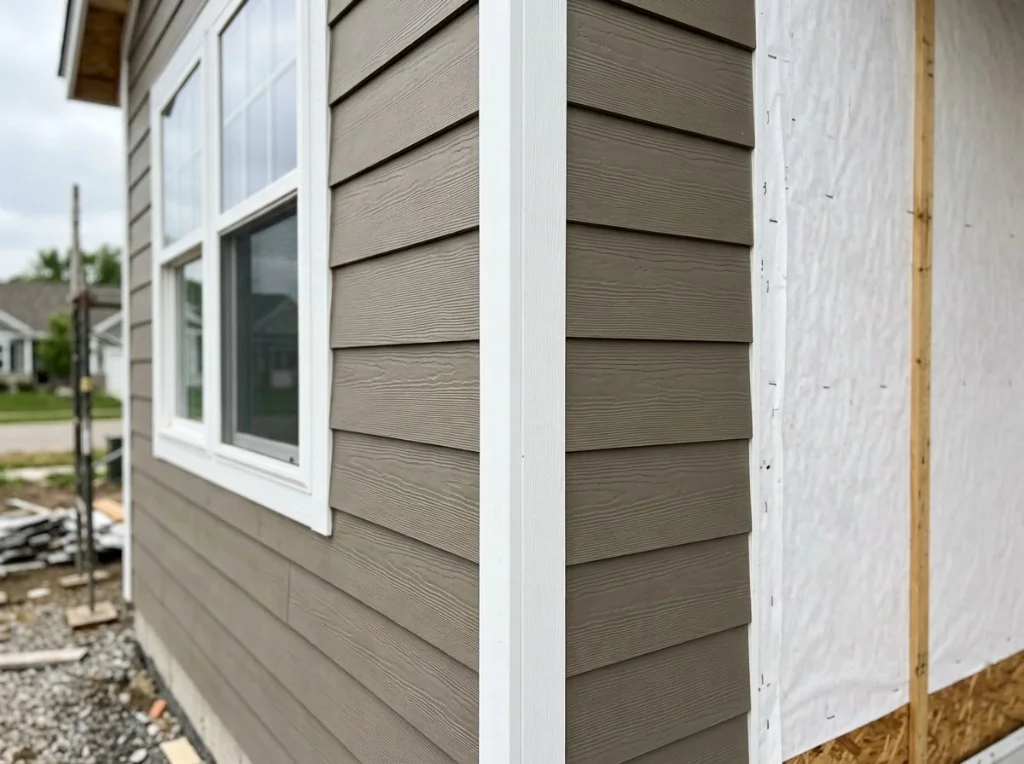 Lap siding installation with white trim on a suburban home in Minnesota
