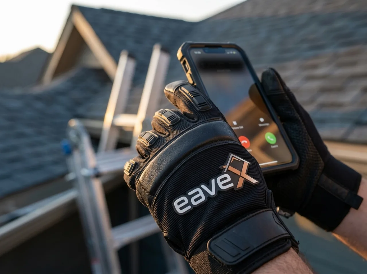 EAVEX technician in branded gloves answering a call to book an on-site gutter inspection