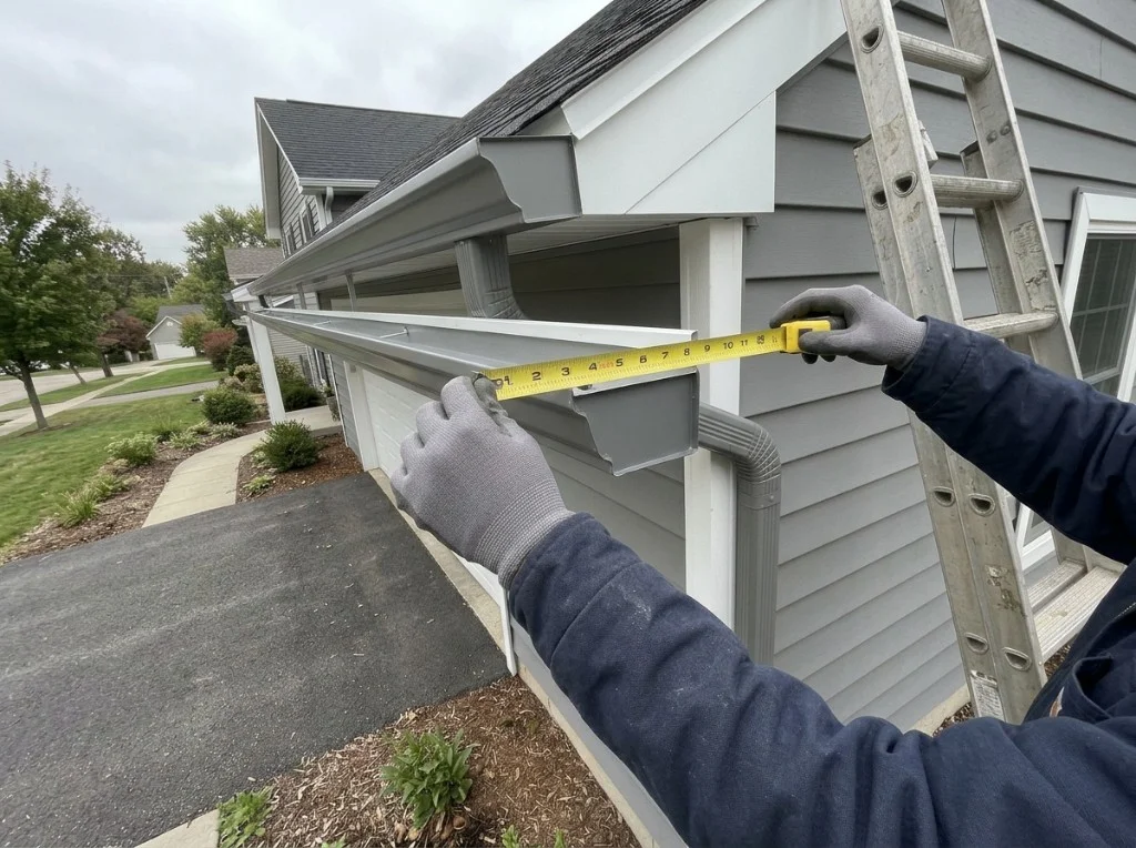 EAVEX technician measuring a gutter run during an on-site inspection in Minnesota