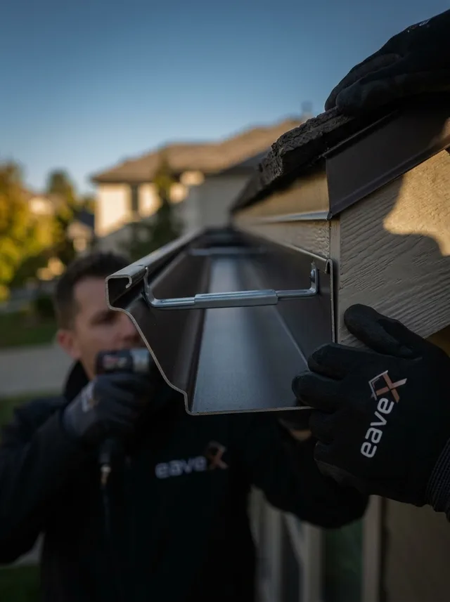 EAVEX installer securing seamless gutters on a Minneapolis home, wearing branded work gear