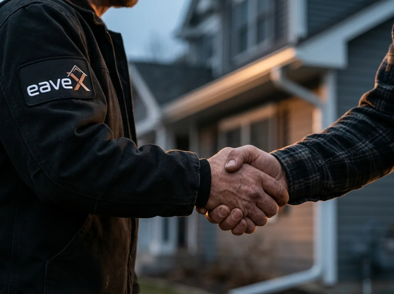 EAVEX crew handing warranty paperwork to a homeowner after gutter installation