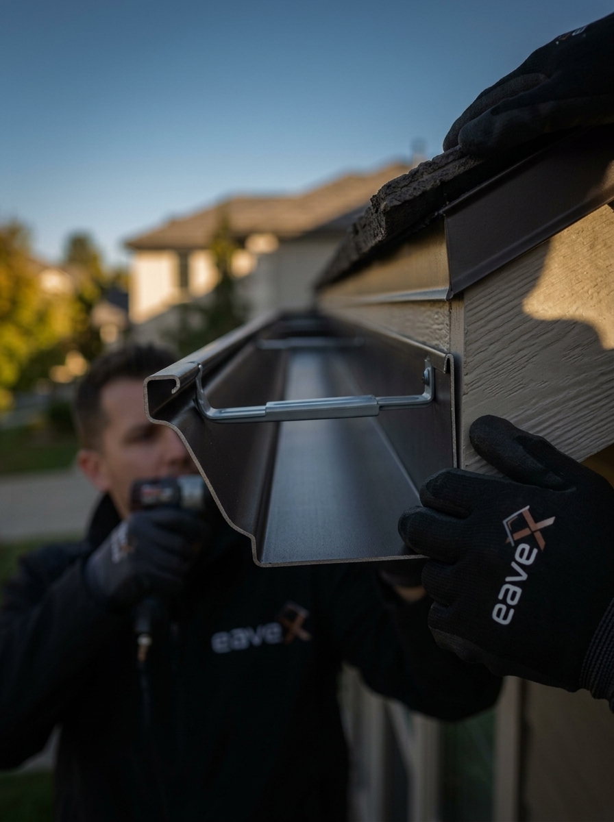 New black seamless gutters installed on a house in Minneapolis
