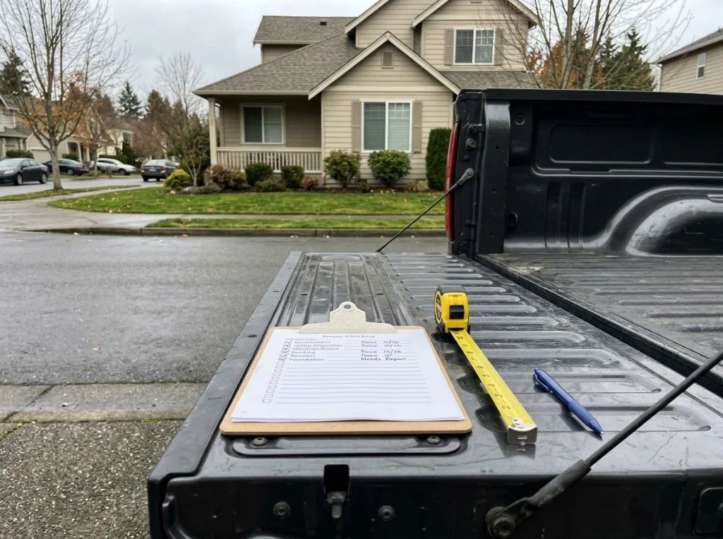 EAVEX exterior checklist and tape measure on a pickup truck tailgate before a Twin Cities home consultation