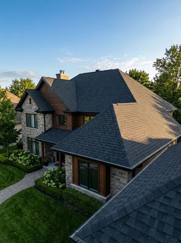 New dark asphalt shingle roof installed on a family home in St. Paul by EAVEX