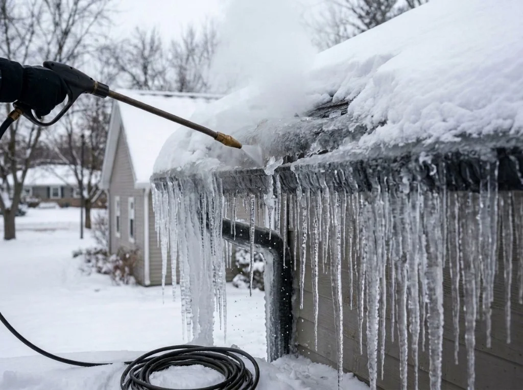 Steam pressure washer melting ice dams and icicles on a snow-covered Minnesota home