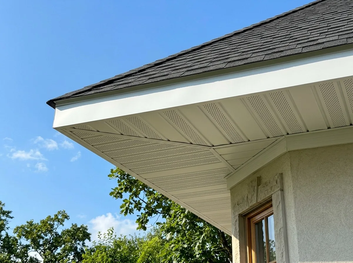Crisp white aluminum fascia and vented soffit under wide eaves in Minneapolis, MN