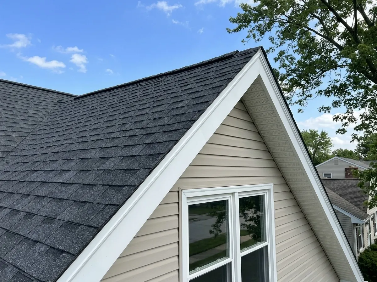 Gabled roof peak with new white fascia and soffit trim in Minneapolis, MN