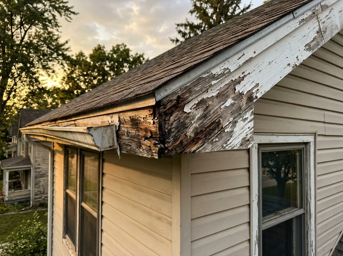 Aged wooden eaves with peeling paint before fascia replacement in Minneapolis, MN