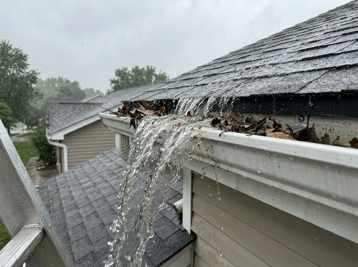 Clogged residential gutter overflowing in the rain on a Twin Cities home