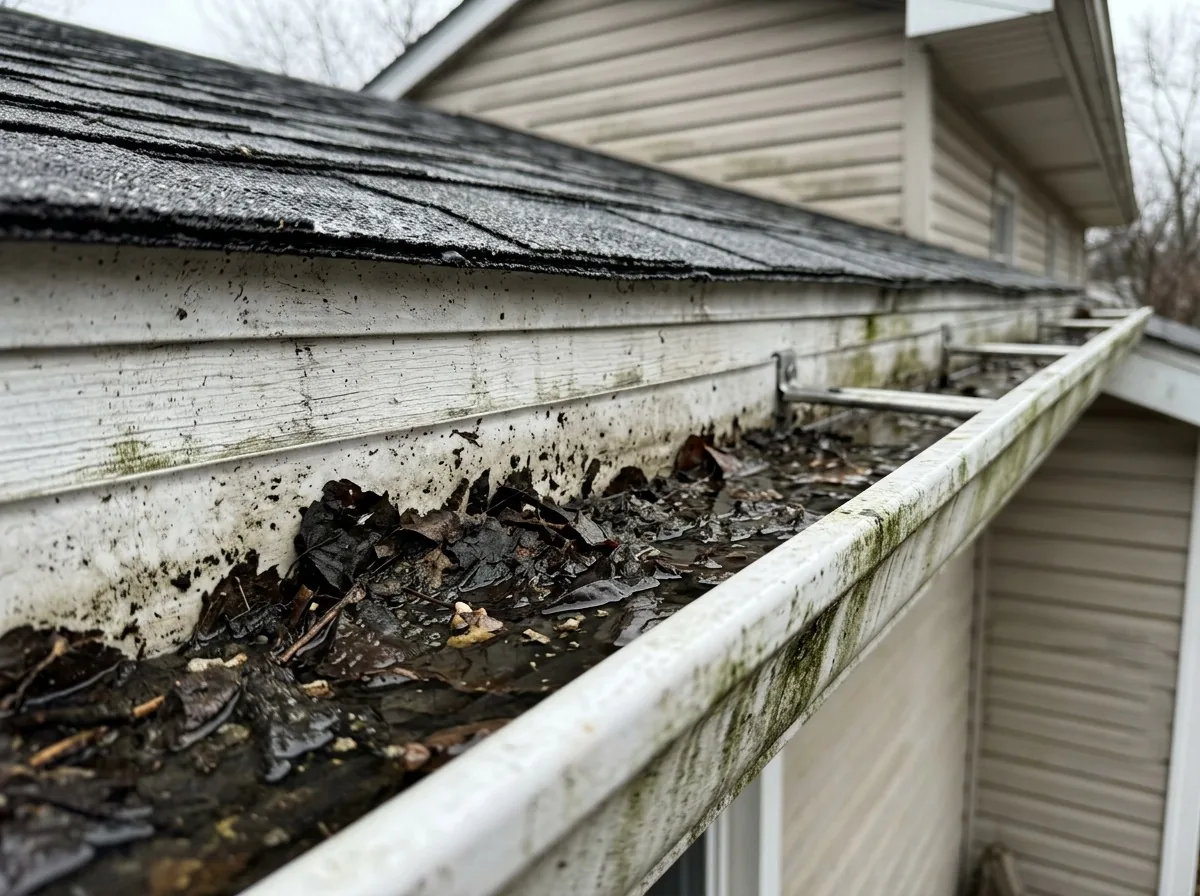 Worn gutter trough with debris and algae on a Minnesota home