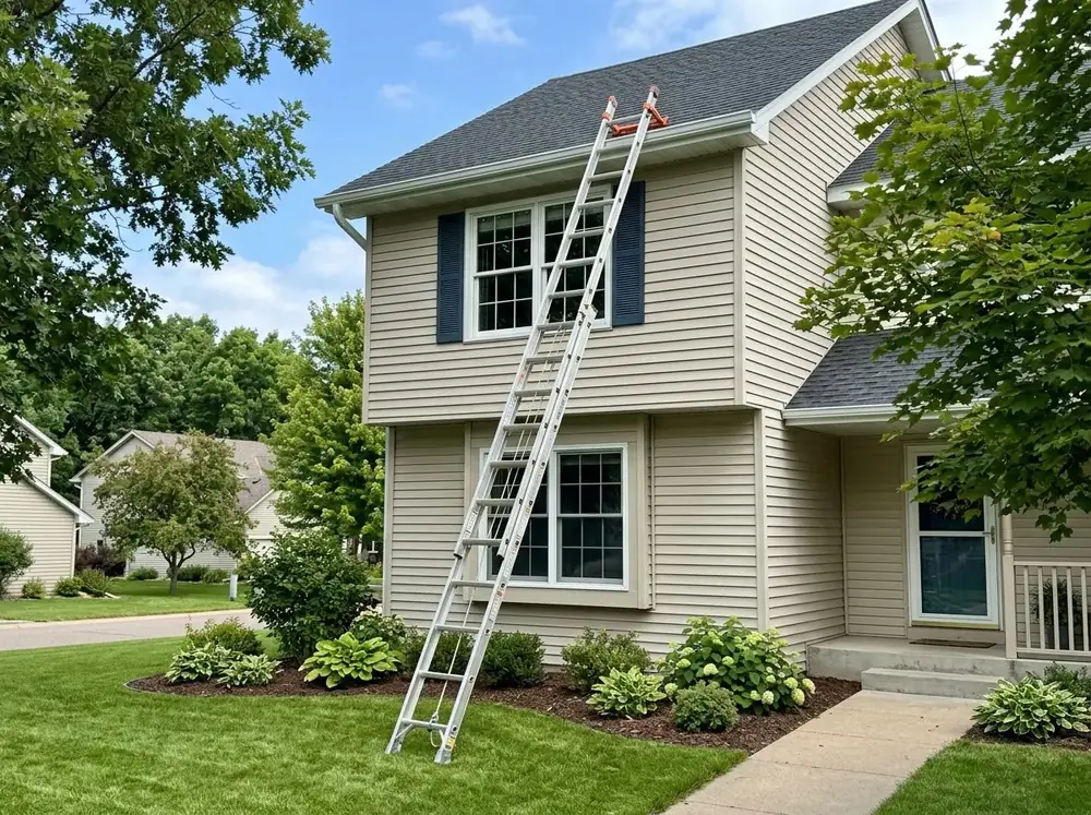 Aluminum extension ladder set up for gutter cleaning in Minneapolis, MN