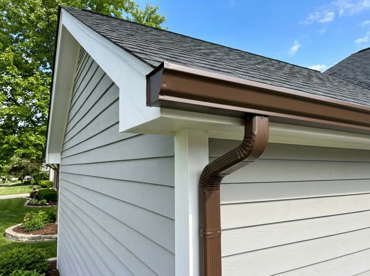 Clean musket brown seamless gutter and downspout on a home in Minneapolis, MN