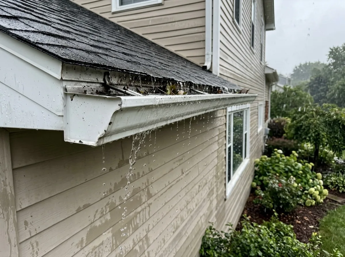 Rainwater overflowing a clogged white gutter during rain in Minneapolis, MN