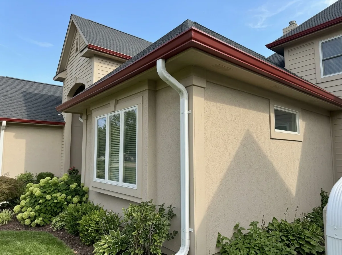 Freshly cleaned dark red gutter with white downspout in Minneapolis, MN