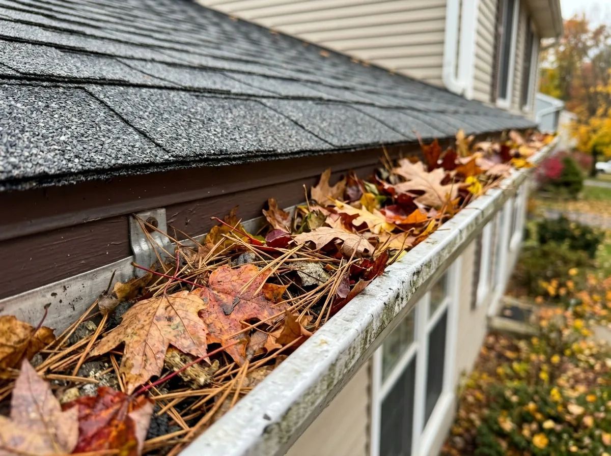 Unprotected gutter clogged with autumn leaves on a home in Minneapolis, MN