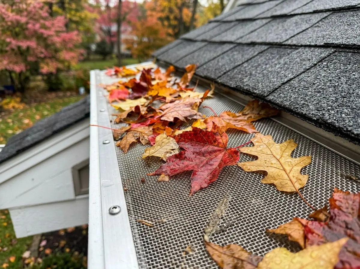 Fallen leaves on top of a micro-mesh gutter guard keeping the gutter clean in Minneapolis, MN