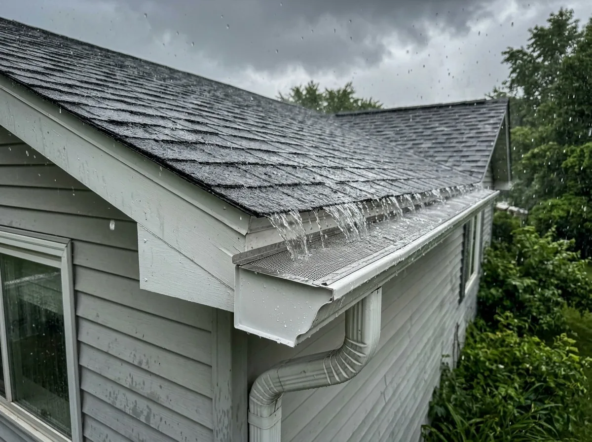 Rainwater flowing off a shingle roof into a guarded gutter in Minneapolis, MN