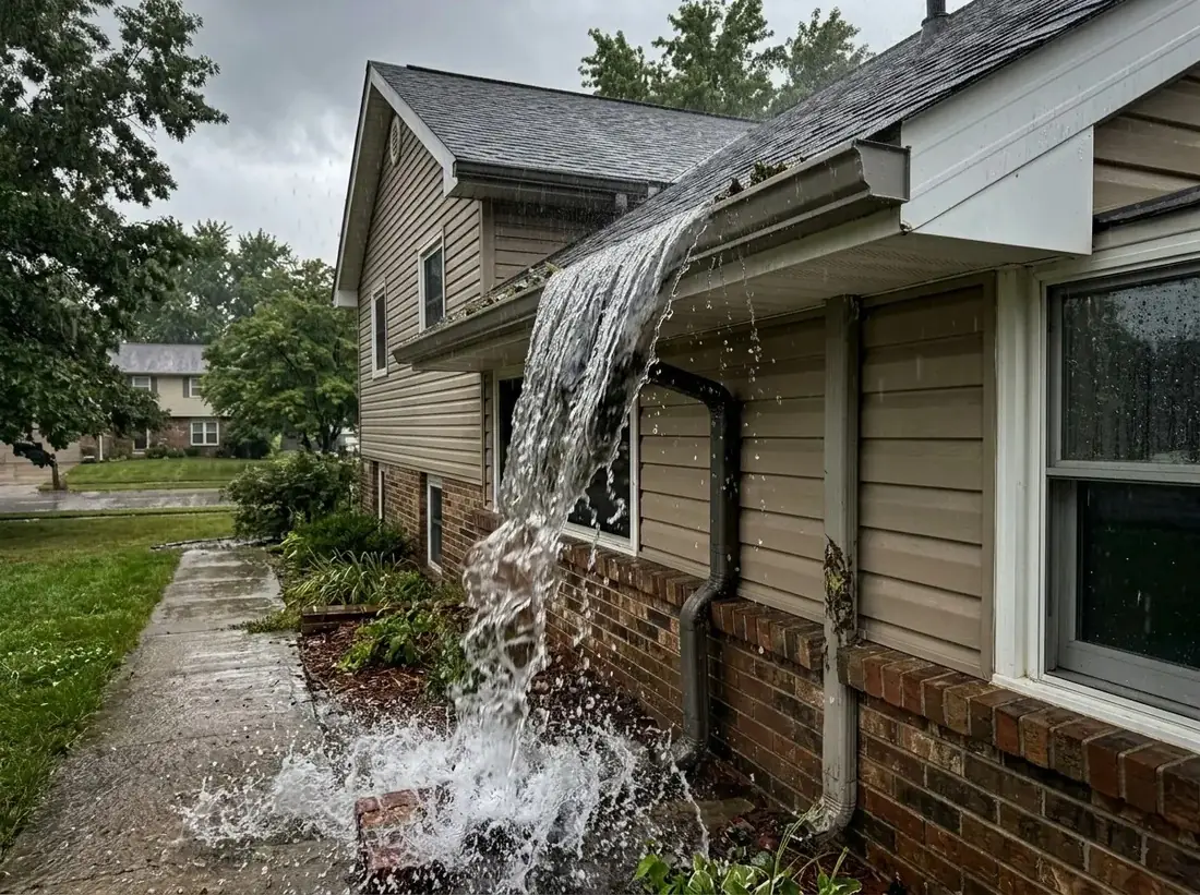 Overflowing unprotected gutter spilling rainwater past the roof edge in Minneapolis, MN