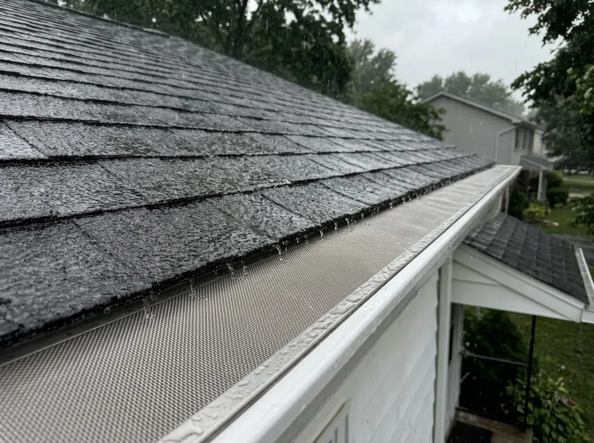 Rain draining through a micro-mesh gutter guard on a shingle roof in Minneapolis, MN