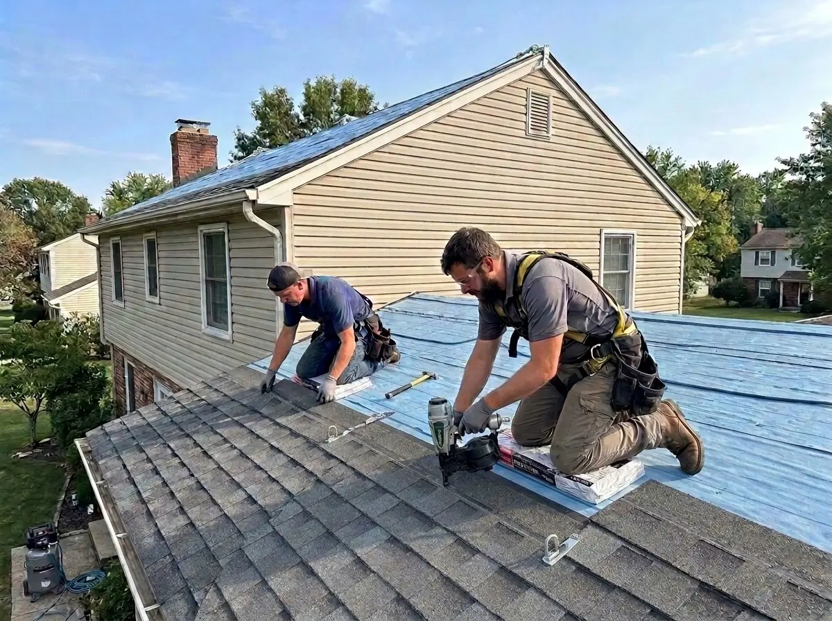 Harnessed roofers installing new architectural shingles in Minneapolis, MN