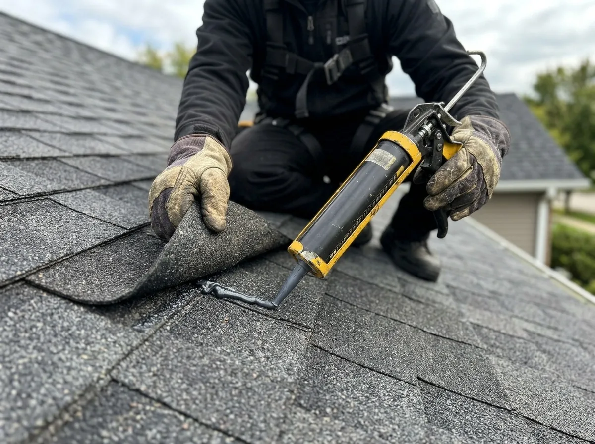 Roofer sealing a shingle joint near valley flashing in Minneapolis, MN