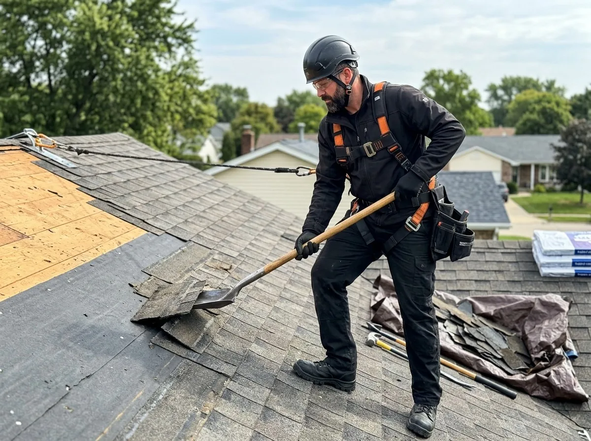 Roofer removing old asphalt shingles during tear-off in Minneapolis, MN