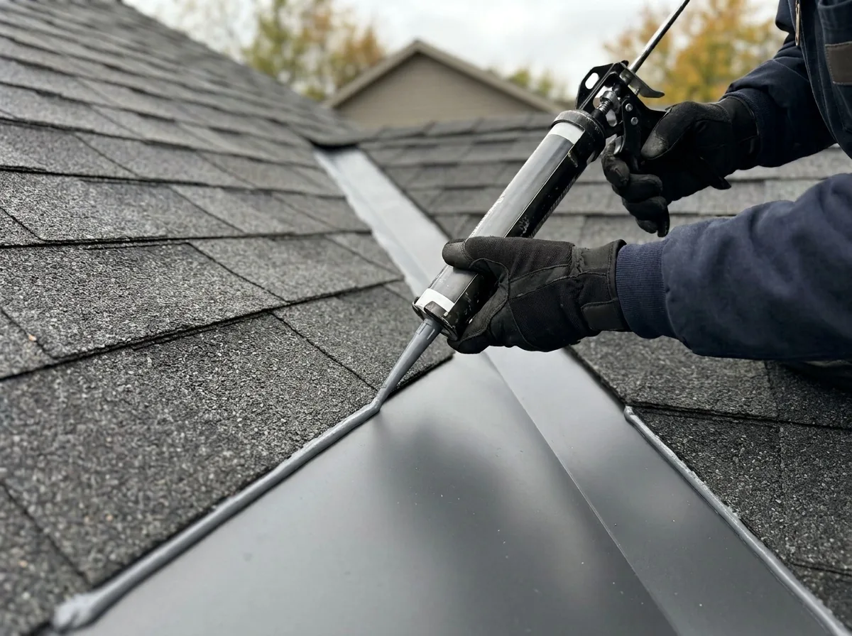 Roofer applying sealant under asphalt shingles in Minneapolis, MN
