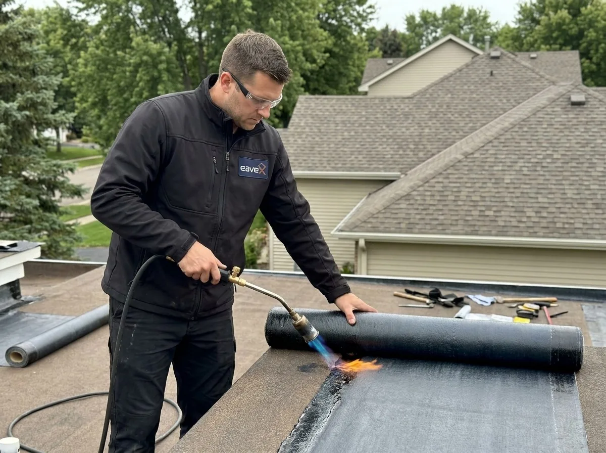 Roofer torch-applying bitumen membrane on a low-slope residential roof in Minneapolis, MN