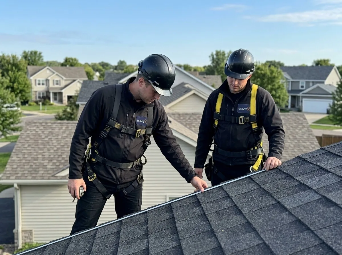 EAVEX roofers measuring an asphalt shingle roof in Minneapolis, MN