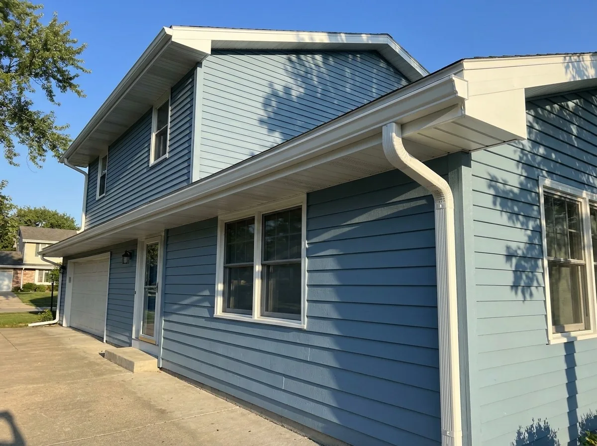 Seamless white gutter line on a blue-sided Minnesota home