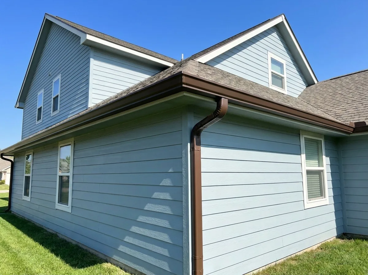 Brown seamless gutter wrapping a corner on blue siding under a Minnesota sky