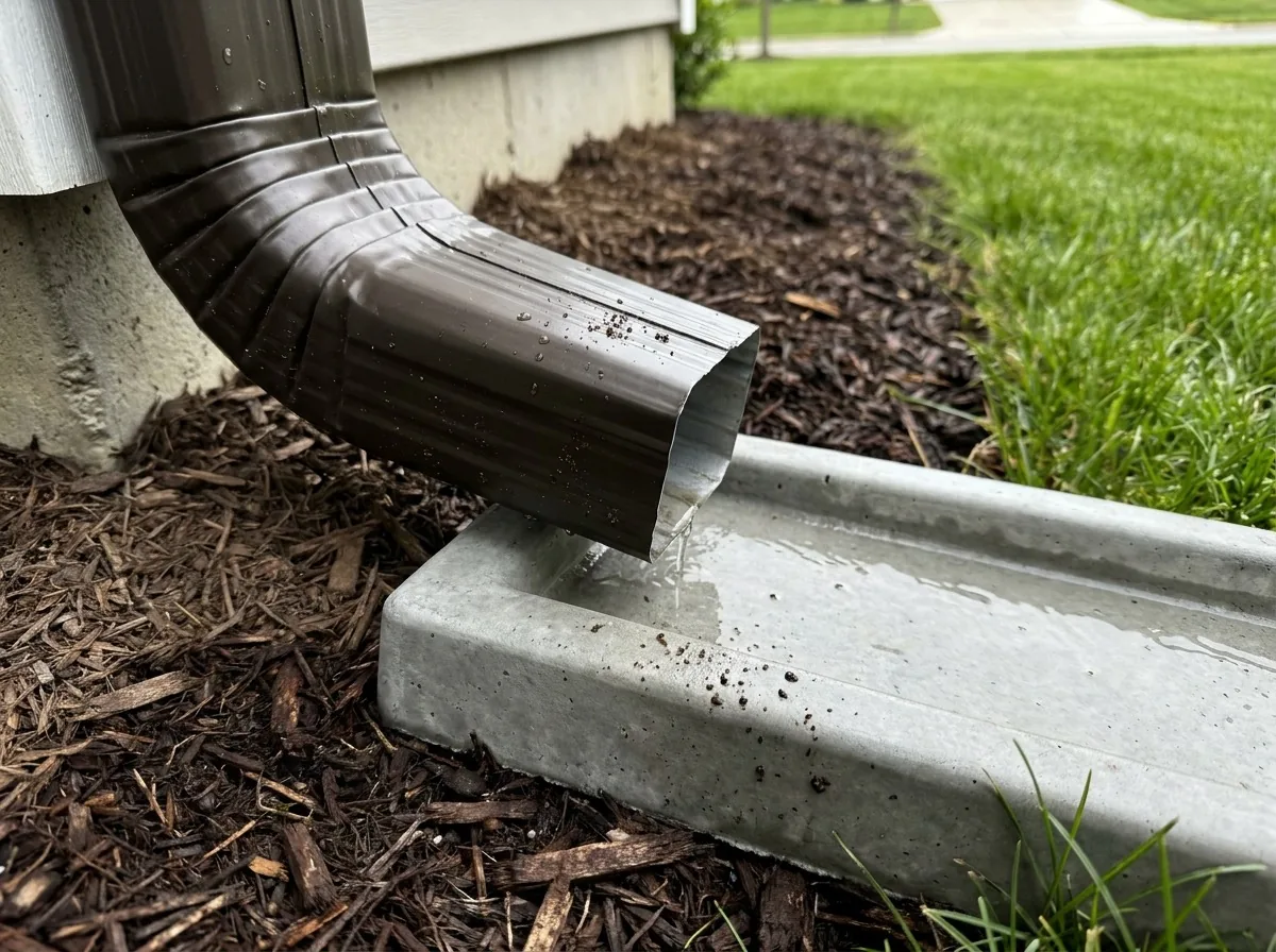 Dark bronze downspout with splash block directing rainwater away from a Twin Cities foundation