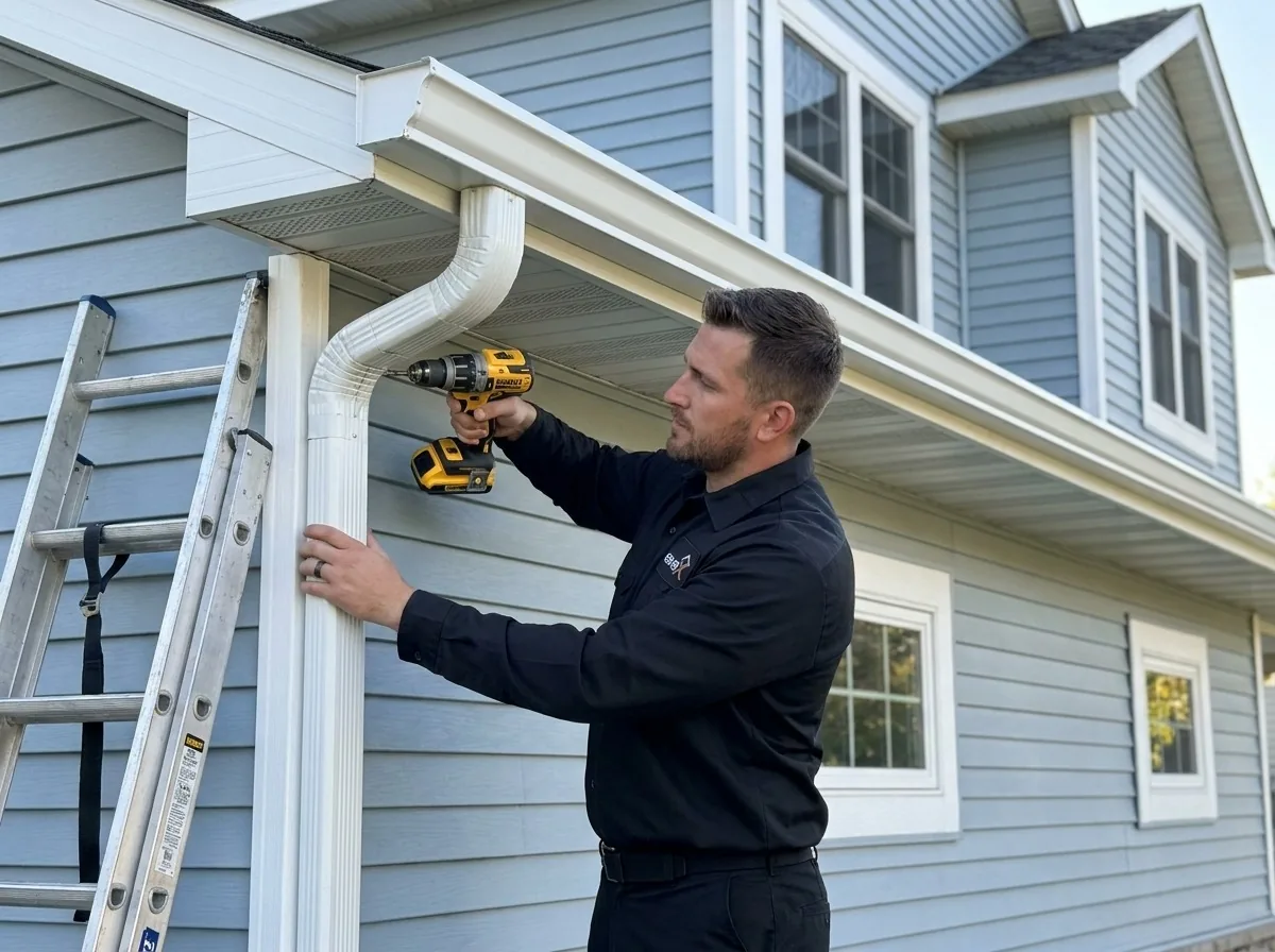 Technician installing a seamless gutter downspout