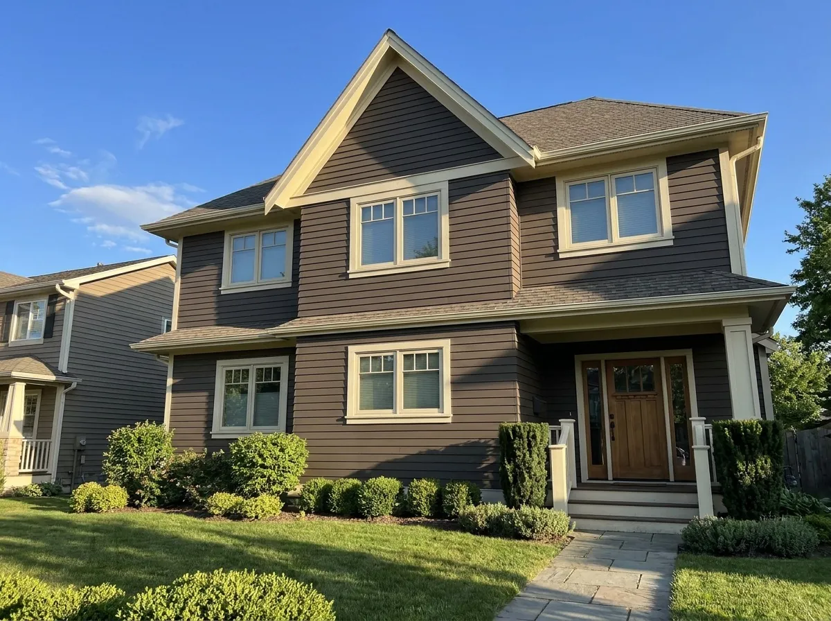Gabled home with brown lap siding and cream trim in Minneapolis, MN