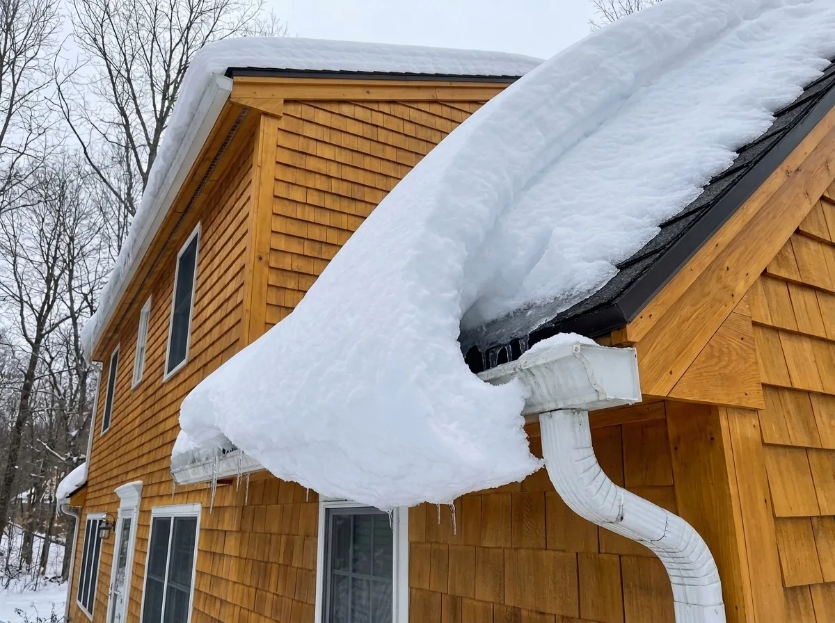 Heavy snow overhang on a building eave in Minneapolis, MN