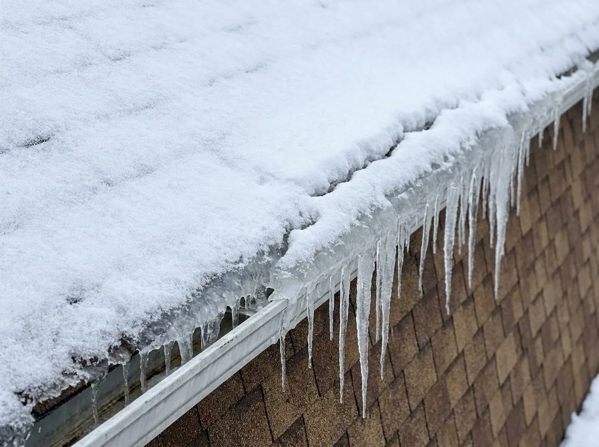Ice dam and icicles forming along a snowy roof edge in Minneapolis, MN