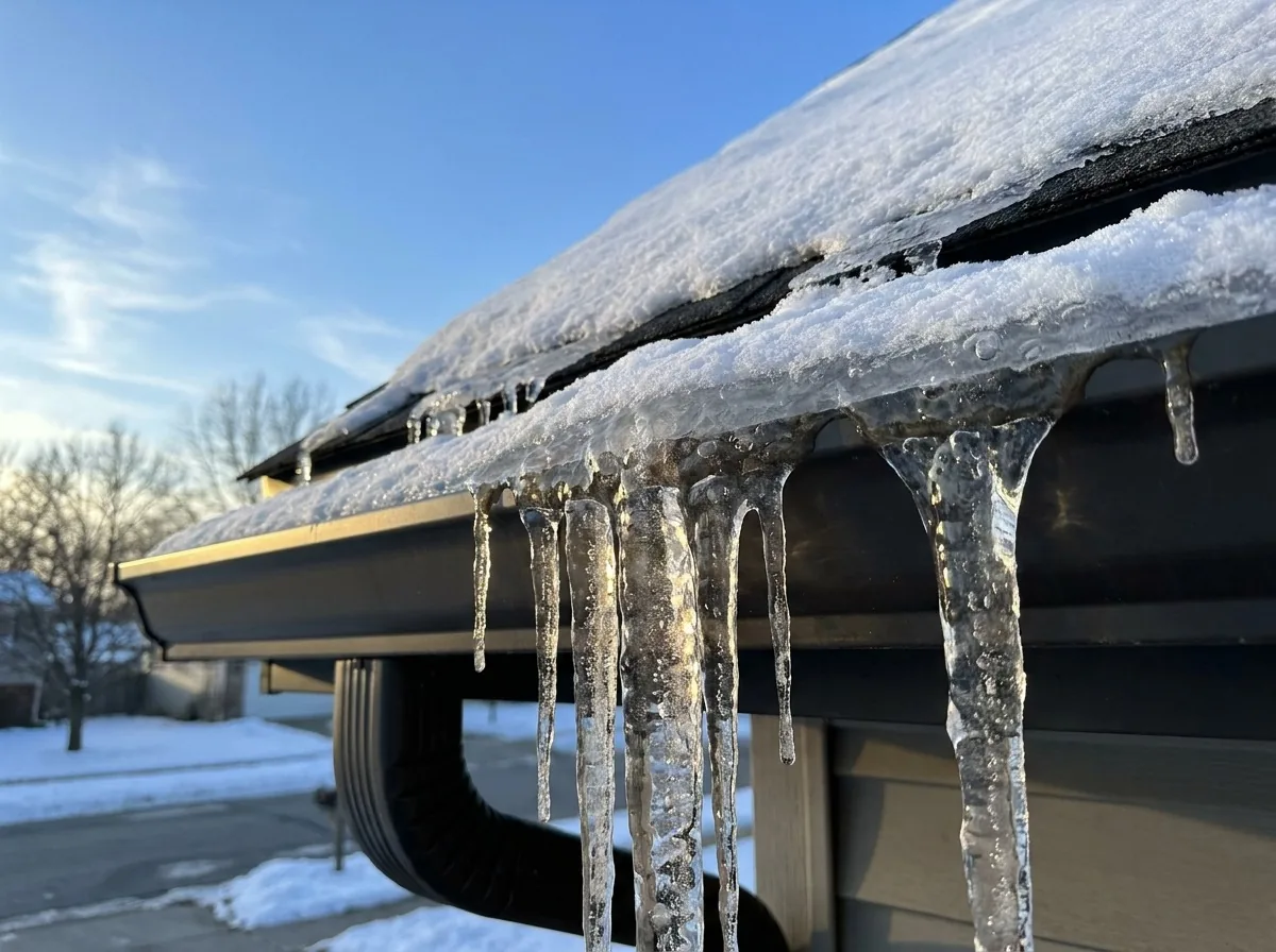 Long icicles hanging from an ice-dammed gutter in Minneapolis, MN