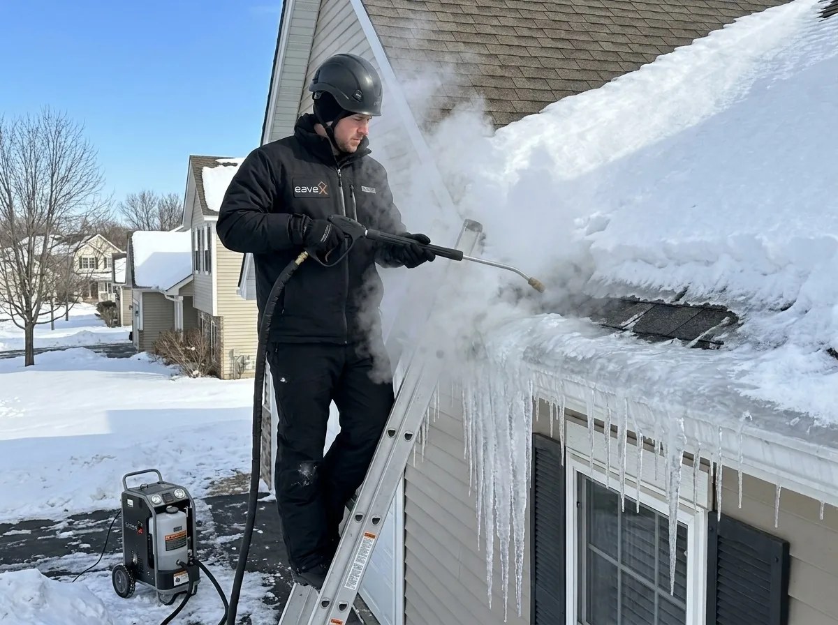 Technician performing steam ice dam removal on a Minneapolis home