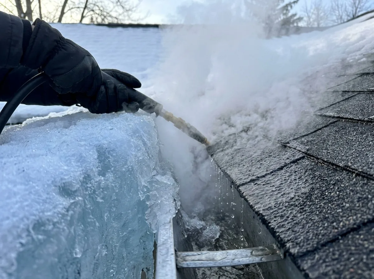 Steam wand melting through a thick ice dam on a shingle roof in Minneapolis, MN