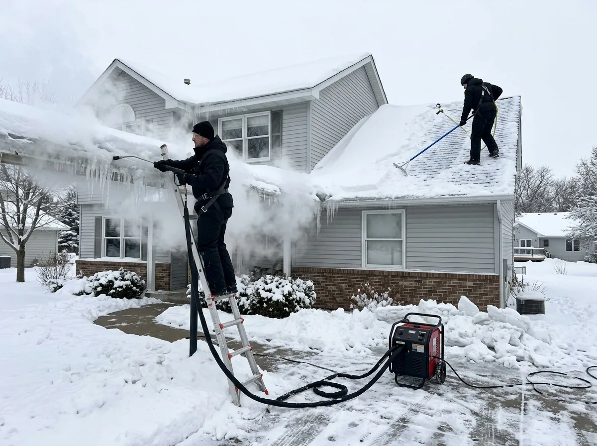 Two-person crew clearing roof-edge snow on a Minnesota home